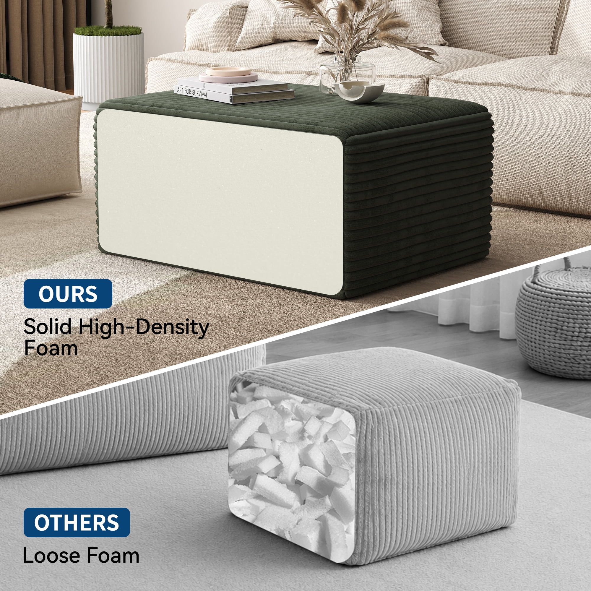 IDEALSOUL Corduroy Ottoman, Rectangle Ottoman Foot Rest for Couch, Oversized Modular Sectional Sofa Stool, Extra Seating & Coffee Table for Sofa, Cloud Foot Rest Foam Support, No Assembly Required
