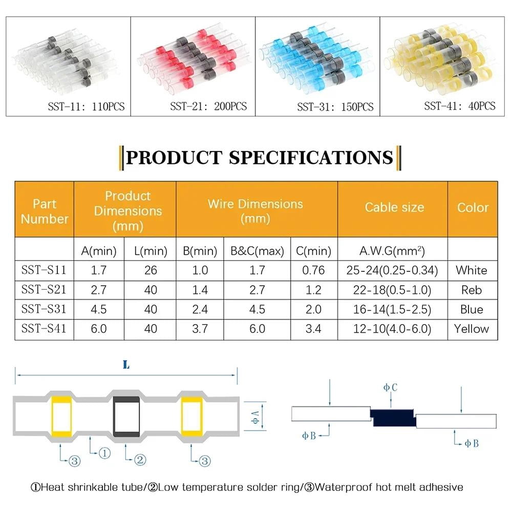 500X Solder Seal Wire Connectors Heat Shrink Butt Splice Kit – Waterproof Insulated Electrical Wire Terminals for Automotive, Marine & Home Wiring Projects
