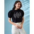 thumbnail image 3 of Globus Women Black High Neck Puff Sleeves Frills & Embroidered Detail Crop Top, 3 of 6