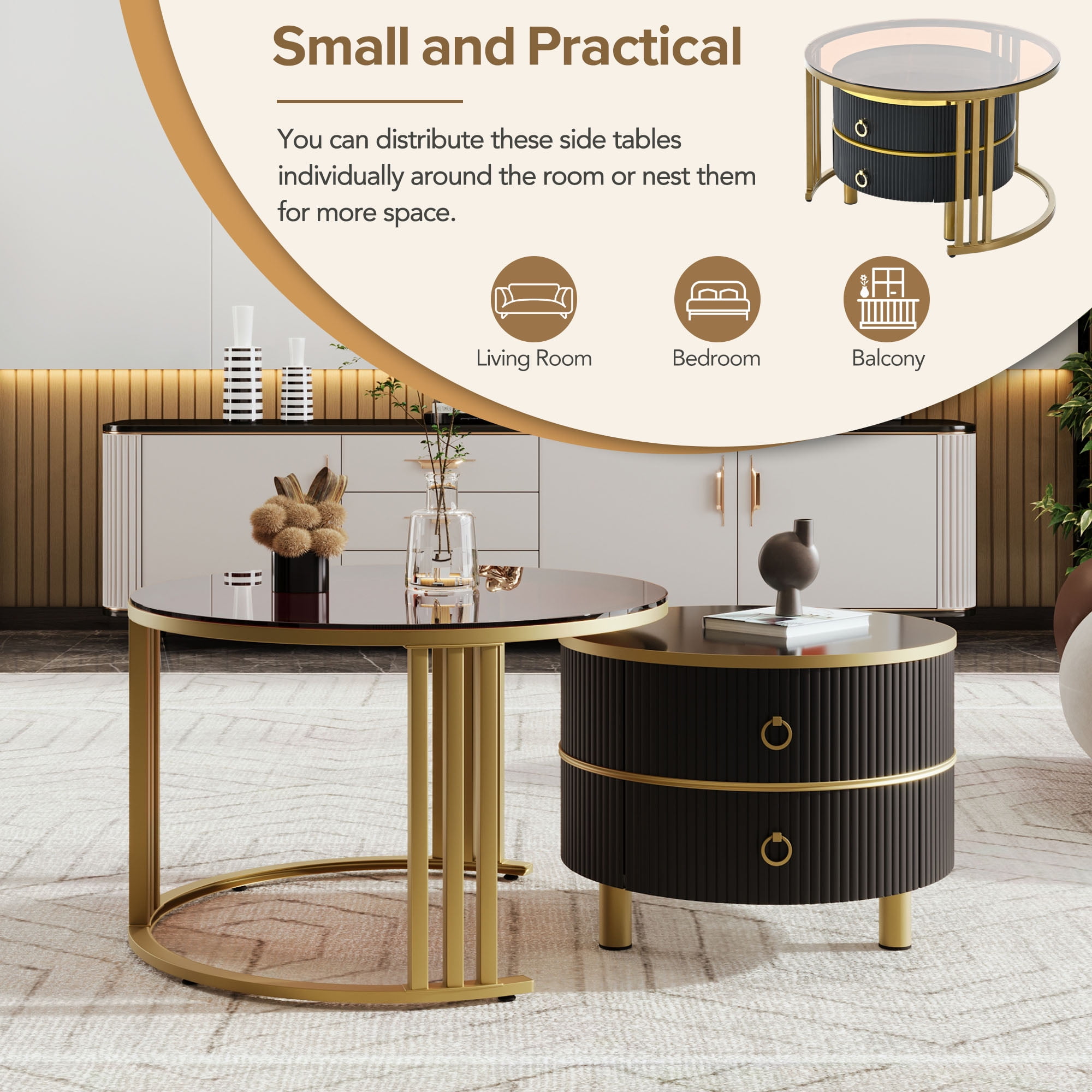 MAYEERTY Stackable Coffee Table with High Gloss Marble Tabletop, Set of 2，Living Room, Black
