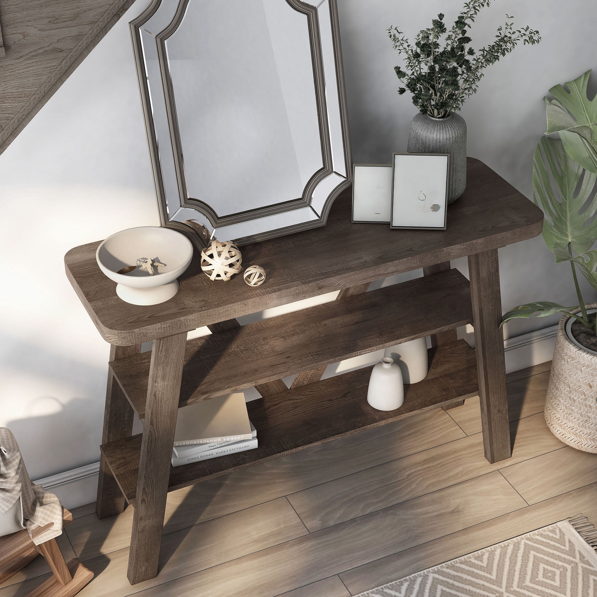 Furniture of America Birch 2-Shelf Console Table, Reclaimed Oak