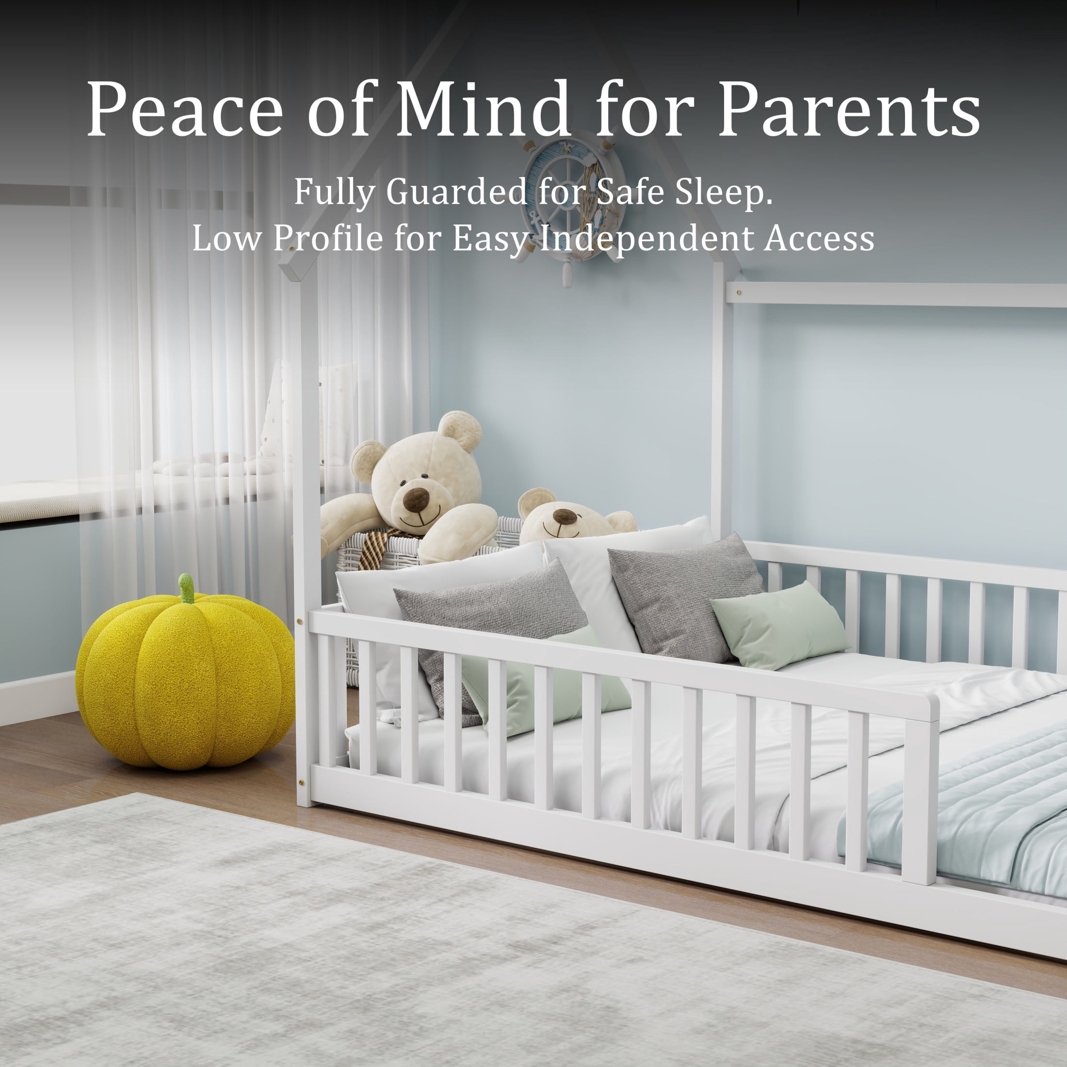 Noble House Morde Full Size House Floor Bed with Gable Roof Frame & Safety Guardrails, Pine Wooden Bed Frame, White