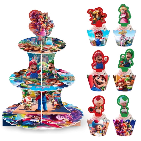Mario Themed 3-Tier Dessert Cupcake Stand with Cupcake Toppers and Wrappers Paper Wraps，Cake Decorative Serving Tray Stand Cardboard Cupcake Tower for Party Decorations.