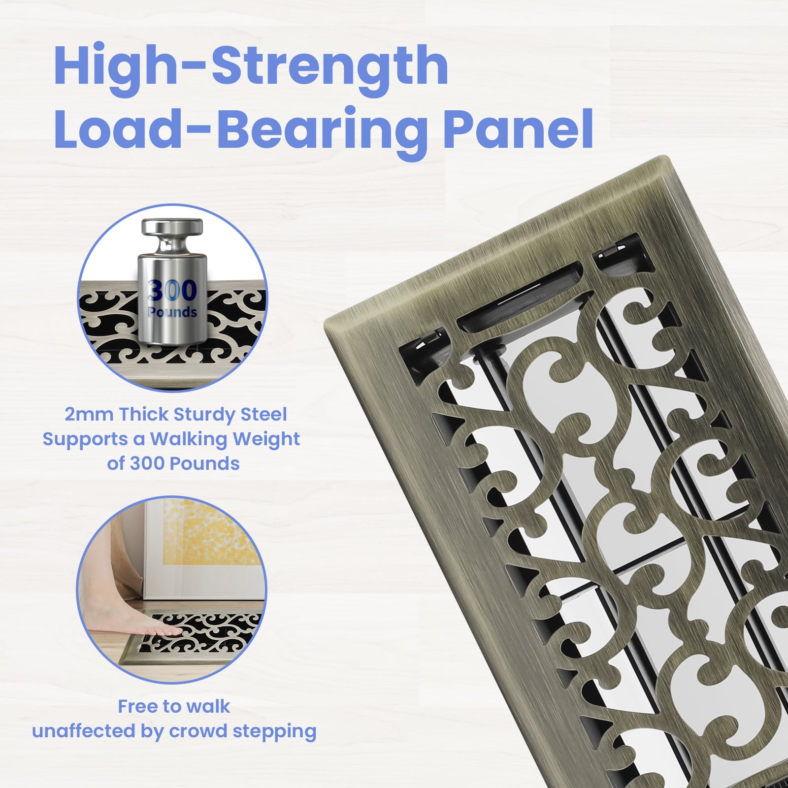 4x8 Inches 2 Pack Heavy Duty Walkable Floor Register - Easy Adjust Air Supply Lever Decorative Floor Vent Covers, Savannah Design Vent Covers for Home - Antique Brass