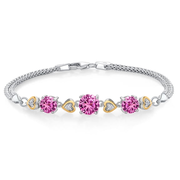 Gem Stone King 925 Sterling Silver and 10k Yellow Gold Pink Created Sapphire and White Lab Grown Diamond Bracelet for Women (3.74 Cttw, Round 7MM and 6MM, 6.5/7/7.5 inch, Made in Italy)