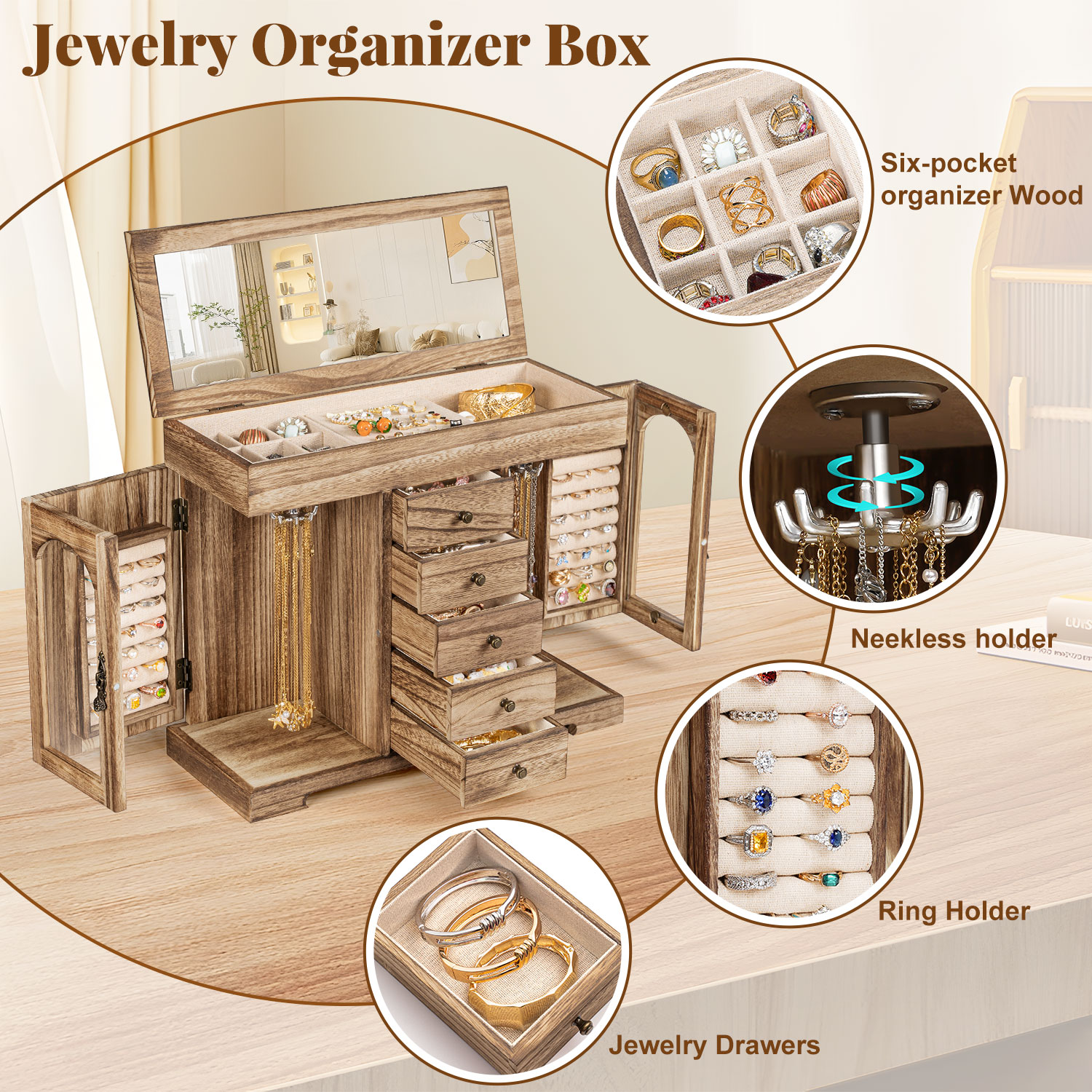 Sfugno Wooden Jewelry Organizer Box with Mirror photo 7