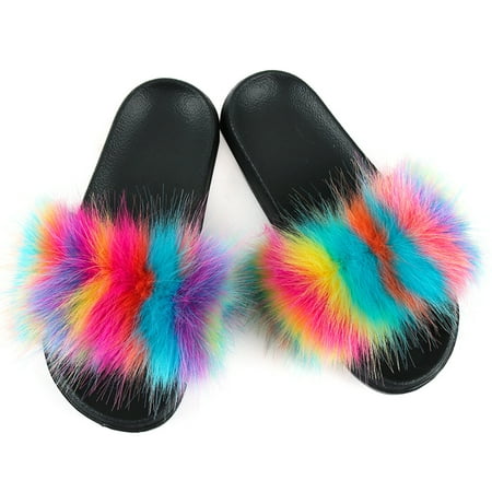 

Coxeer Women Furry Slippers Fashion Nonslip Faux Fur Slippers Fluffy Sandals for Ladies