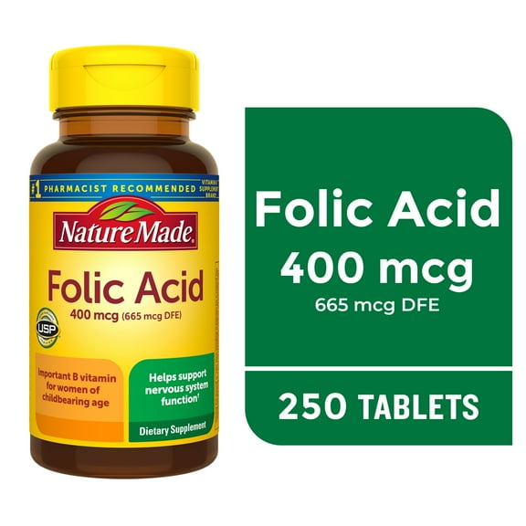 Nature Made Folic Acid 400 mcg (665 mcg DFE) Tablets, Dietary Supplement, 250 Count