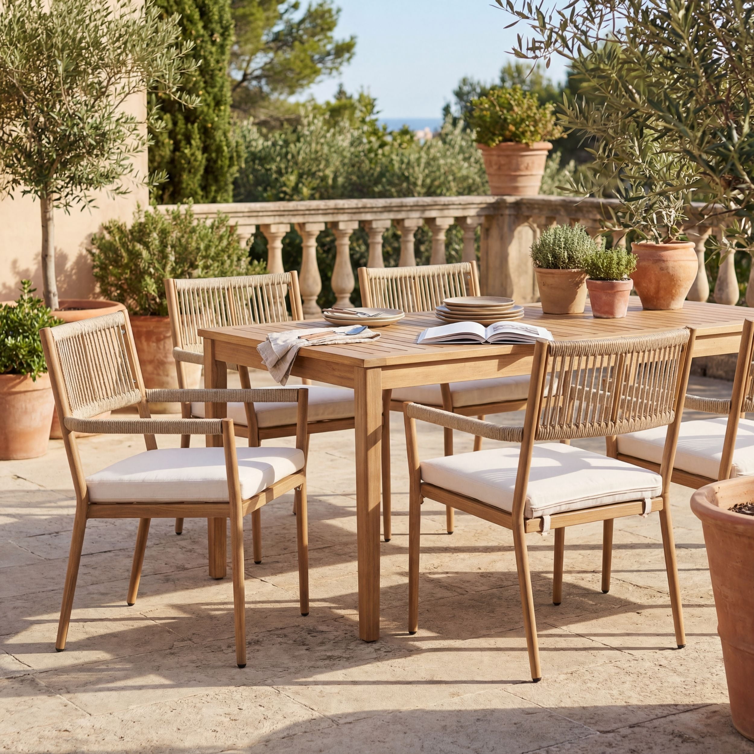 Dayalane Outdoor Dining Chairs Set of 2, Rope Rattan Patio Chairs with Cushions & Armrests, Weather-Resistant Metal Frame for Patio, Balcony/Bistro, Beige