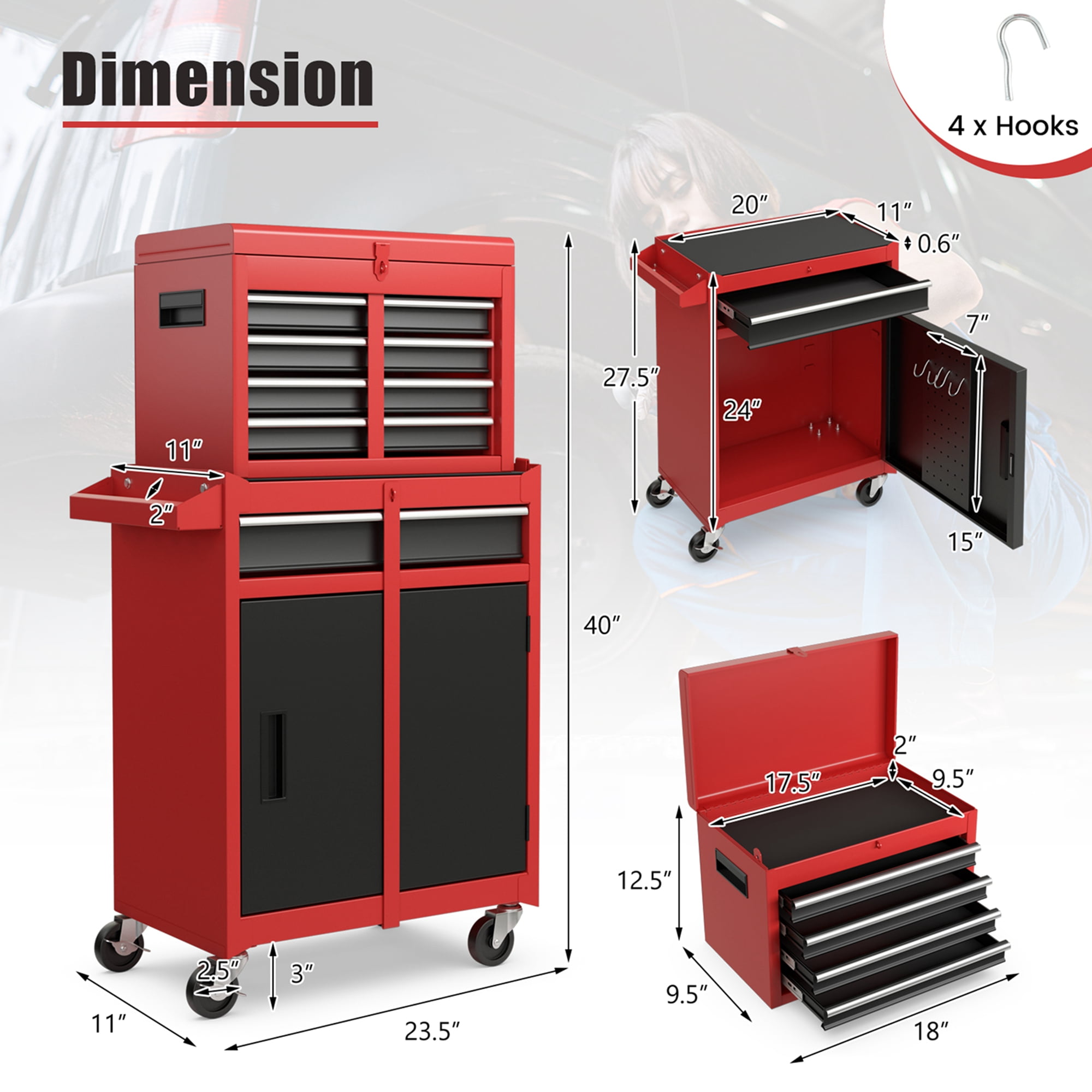 Costway 2 in 1 Tool Chest & Cabinet with 5 Sliding Drawers Rolling Garage Box Organizer