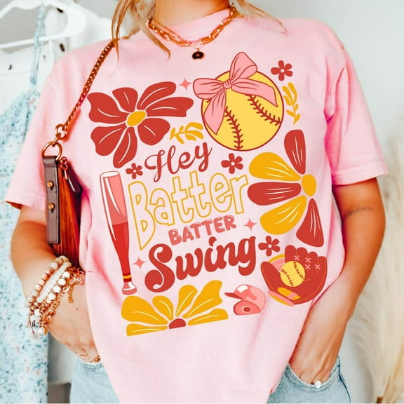 Batter Batter Swing Softball T-Shirt, Boho Checkered Coquette Tee, Game Day Graphic Shirt, Retro Baseball Softball Mom T-Shirt