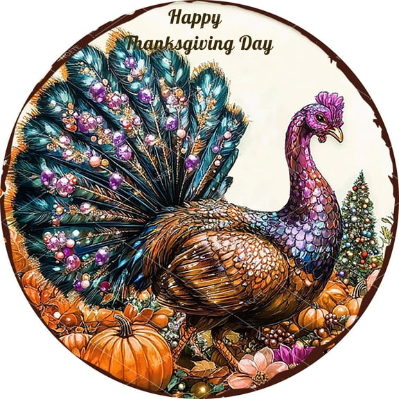 Noete 12x12 Inch Round Happy Thanksgiving Day Turkey Metal Tin Sign, Thanksgiving Pumpkin Wall Decor for Front Door, Dining Room & Living Room