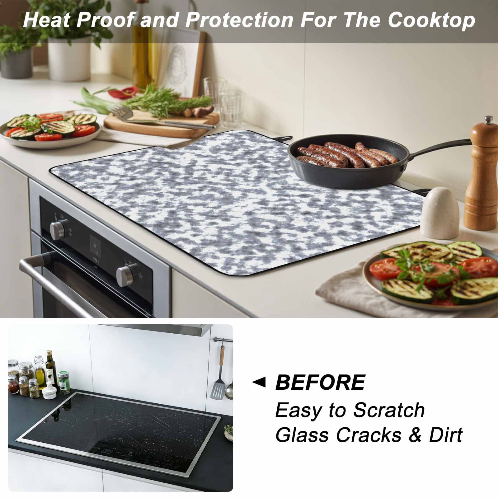 Grey White Stove Top Cover for Electric Stove, Heat-proof & Non Slip Glass Top Stove Cover Protector, Modern Geometric Gray Ombre Abstract Art Kitchen Flat Cooktop Rubber Mat 24x21 Inches