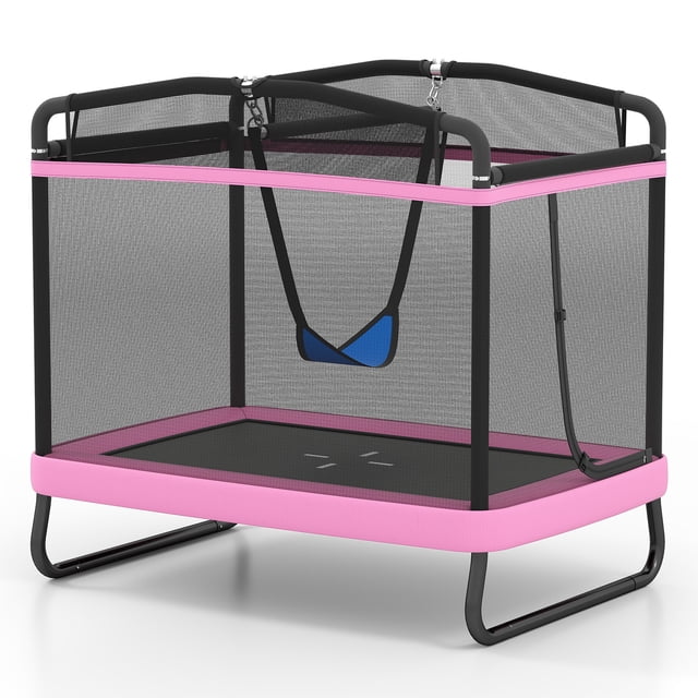 Patiojoy Trampoline Rectangulaire pour Enfants 6 x 4 Pi Intérieur Extérieur Trampoline Récréatif avec Balançoire Rose