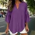 thumbnail image 5 of Womens Cotton Linen Tops 3/4 Length Ruffled Bell Sleeve Flowy Tees V Neck Casual Summer Spring Plain T-shirts (XL, Purple), 5 of 6