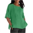 thumbnail image 5 of Dasayo Green Ladies Tops Pleated Short Sleeve Cotton Linen Casual Split Solid Blouses Womens T Shirts L, 5 of 5