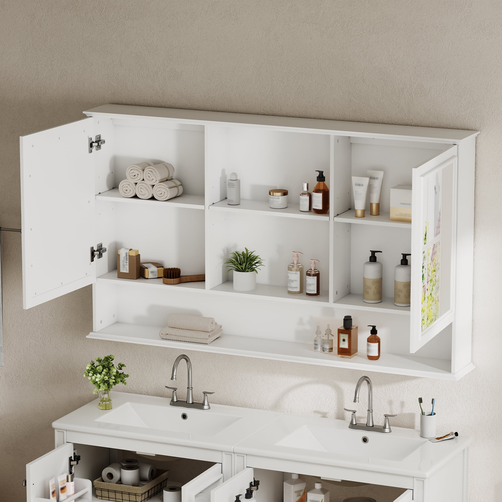 Mintazer 60" Wall Mounted Bathroom Medicine Cabinet with 2 Mirrored Doors, Adjustable Shelves & Soft Close Hinges for Bathroom Laundry Room, White