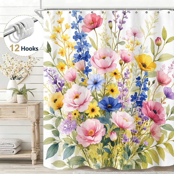 Watercolor Flower Fabric Farmhouse Wild Floral Shower Curtain, Exquisite Stunning Flower Shower Curtain Set for Bathroom, Waterproof Cloth Fabric with Hooks Shower Curtain, 36*72in