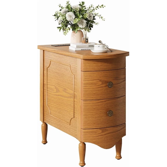 Vividwood Narrow 2 Drawers End Table with Charging Station for Living Room, Pre-Assembly, Walnut