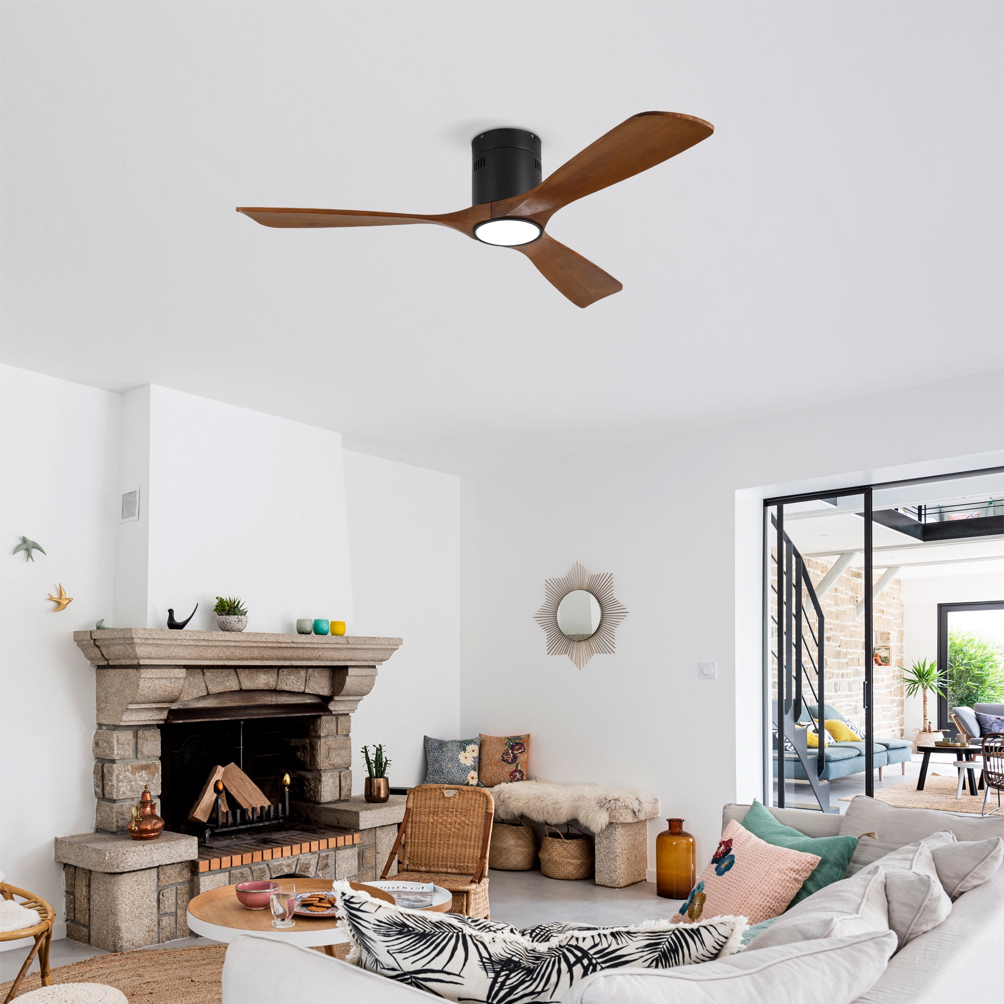 Ceiling Fan with Light, 52 Inch Solid Wood Blade Remote Fan for Home Living Indoor Area, Matte Black Wood