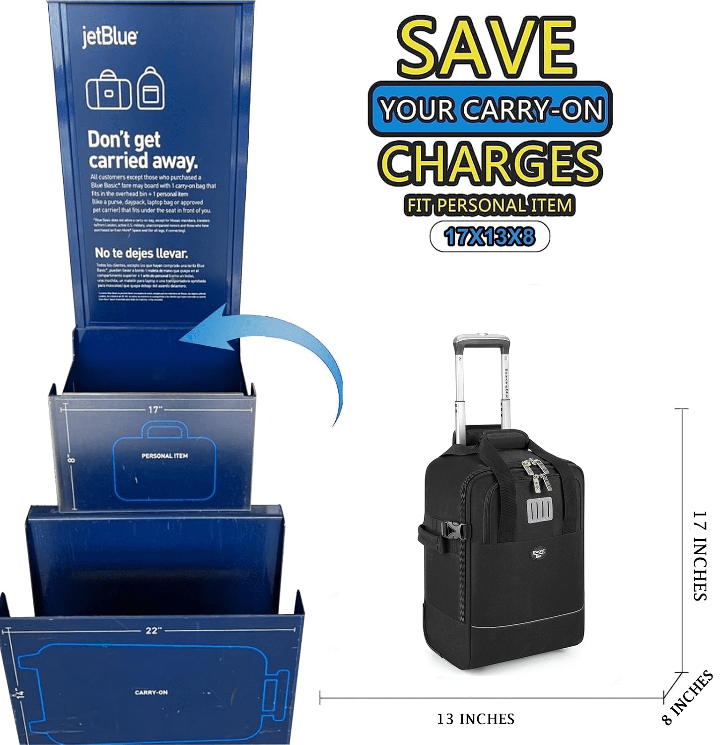 17x13x8 Inches JetBlue Airlines Rolling Personal Item Underseat Travel Bag - Suitable for Major Airlines including Spirit, Jetblue and Frontier- Duffel Bag Design (Black)
