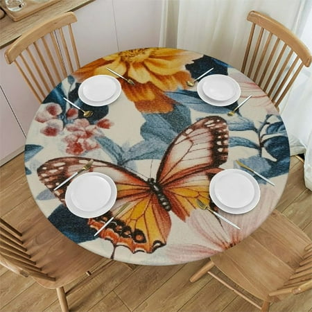 

QKZF Round Fitted Tablecloth with Elastic Edged Watercolor Flower Butterfly Table Cover Polyester Washable Table Cloth for Indoor Outdoor Party Wedding Use 54 -58