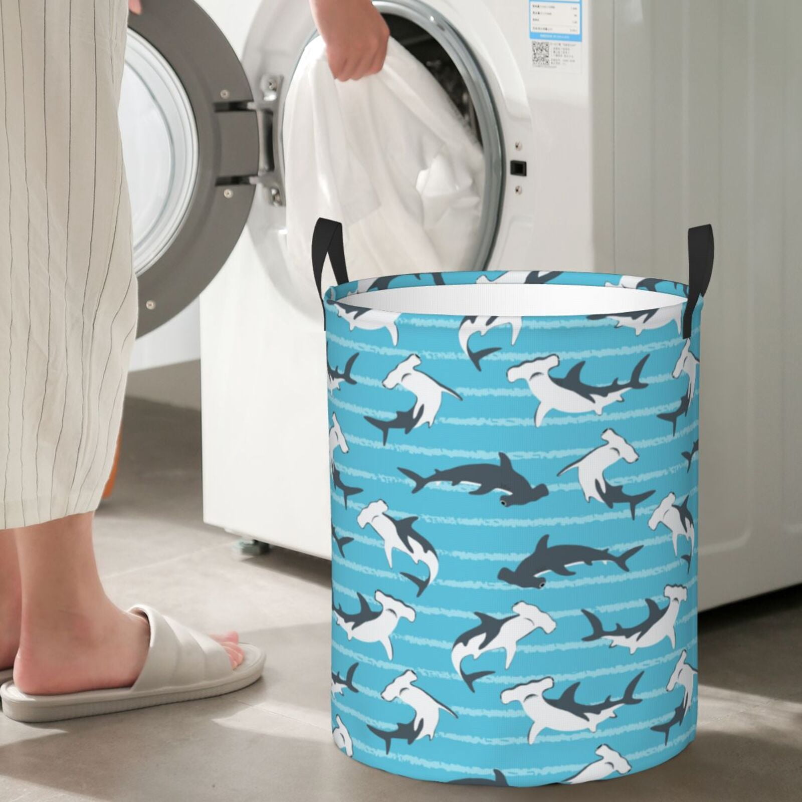 Large Laundry Basket with Handles - Blue-striped hammerhead shark Kids Baby Dirty Clothes Laundry Hamper for Bedroom Aesthetic