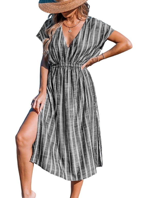 Women's Cover Up V Neck Midi Dress Short Sleeves Summer Beachwear Casual Coverups Striped
