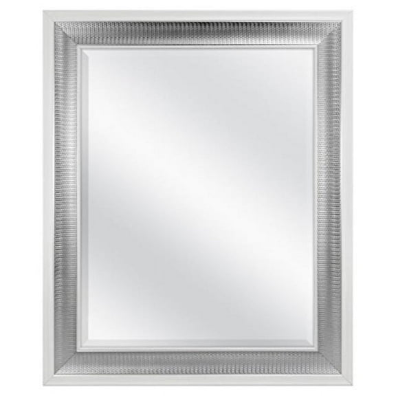 MCS 28.5x34.5 Large Wall Mirror, White Frame with Woven Silver Detail & Beveled Detail Mirror, Vertical & Horizontal Wall Hanging Mirror for Bathroom, Bedroom & Livingroom