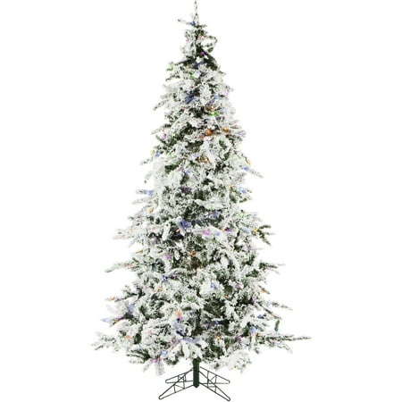 Christmas Time 7.5-Ft. White Pine Snowy Artificial Christmas Tree with Multi-Color LED String Lighting and Holiday