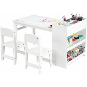 Kids Art Table with 2 Chairs, Toddler Craft Play Wood Activity Desk with Large Storage Shelves for Writing Drawing,Nursery, Children's Wooden Furniture for Classroom Daycares,Home