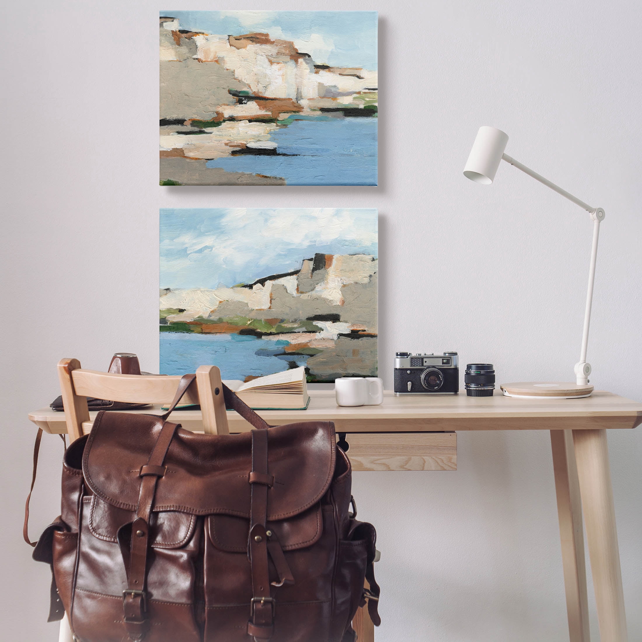 Seaside Cliff Modern Landscape Landscape Painting Gallery Wrapped Canvas Print Wall Art, Set of 2