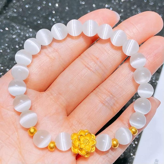 K-KED 999 Pure 24k Yellow Gold 3D Lotus White Cat's eye Stone 8mm Beaded Bracelet 7inL
