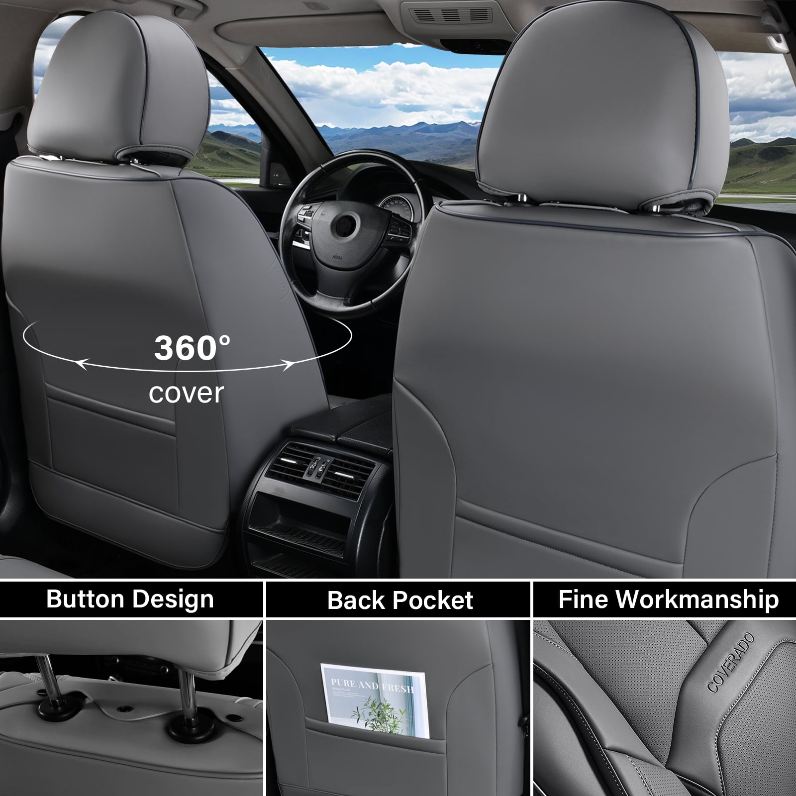 Coverado Car Seat Covers Full Set, Premium Leather Seat Protectors with Lumbar Support, Waterproof Auto Cushions Universal Fit for Most Cars, Gray