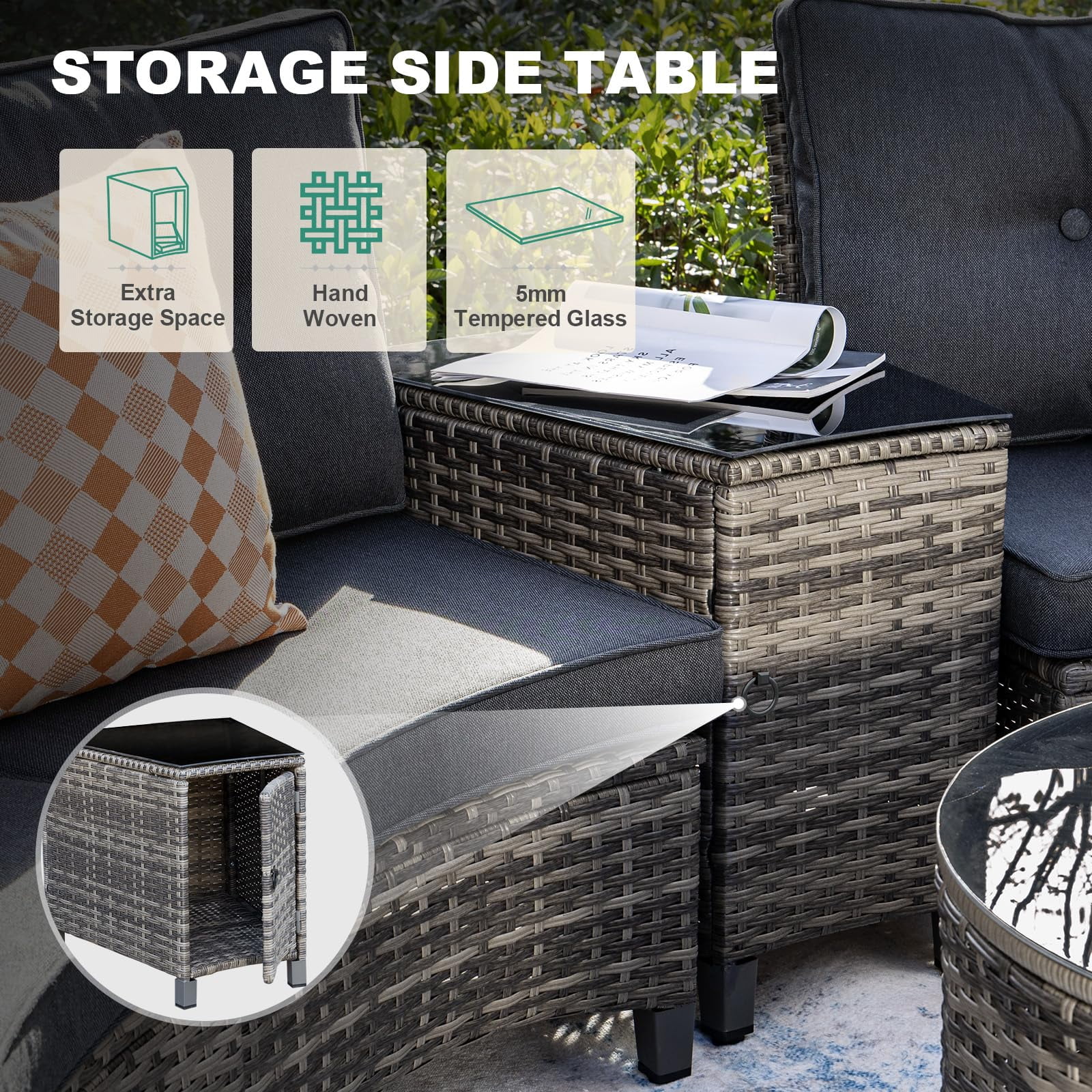 MEISSALIVVE 6 Piece Outdoor Patio Furniture Set, Half-Moon Curved Rattan Conversation Set with Wood Armrests, Round Coffee Table & Side Table(Grey)