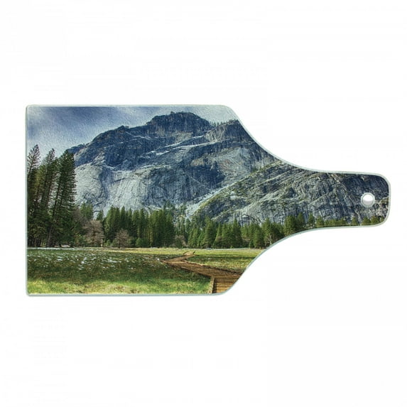 Yosemite Cutting Board, North Dome as Seen from the Valley with Wooden Walkway Yosemite National Park, Tempered Glass Cutting and Serving Board, Wine Bottle Shape, Green Charcoal, by Ambesonne