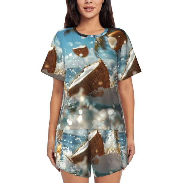 Balery Fresh Coconut Splash Conjunto de Pijama para Mujer con Estampado, Dos Piezas de Manga Corta y Shorts, Ropa de Dormir Suave con Cuello Redondo y Bolsillos-3X-Large