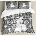 thumbnail image 1 of Girls Duvet Cover Set King Size, Face of a Young Lady with Wavy Hair on Boho Style Intricate Floral Background, Decorative 3 Piece Bedding Set with 2 Pillow Shams, Black and White, by Ambesonne, 1 of 3
