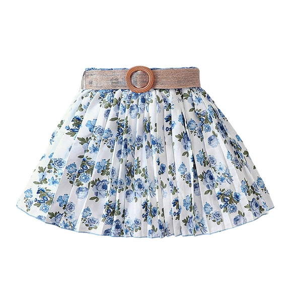 TOOYOU Girls Skirts Summer Vacation Style Countryside Flower Pleated Skirt Sweet Girl Basic Short Skirt Size 3-4 Years Blue