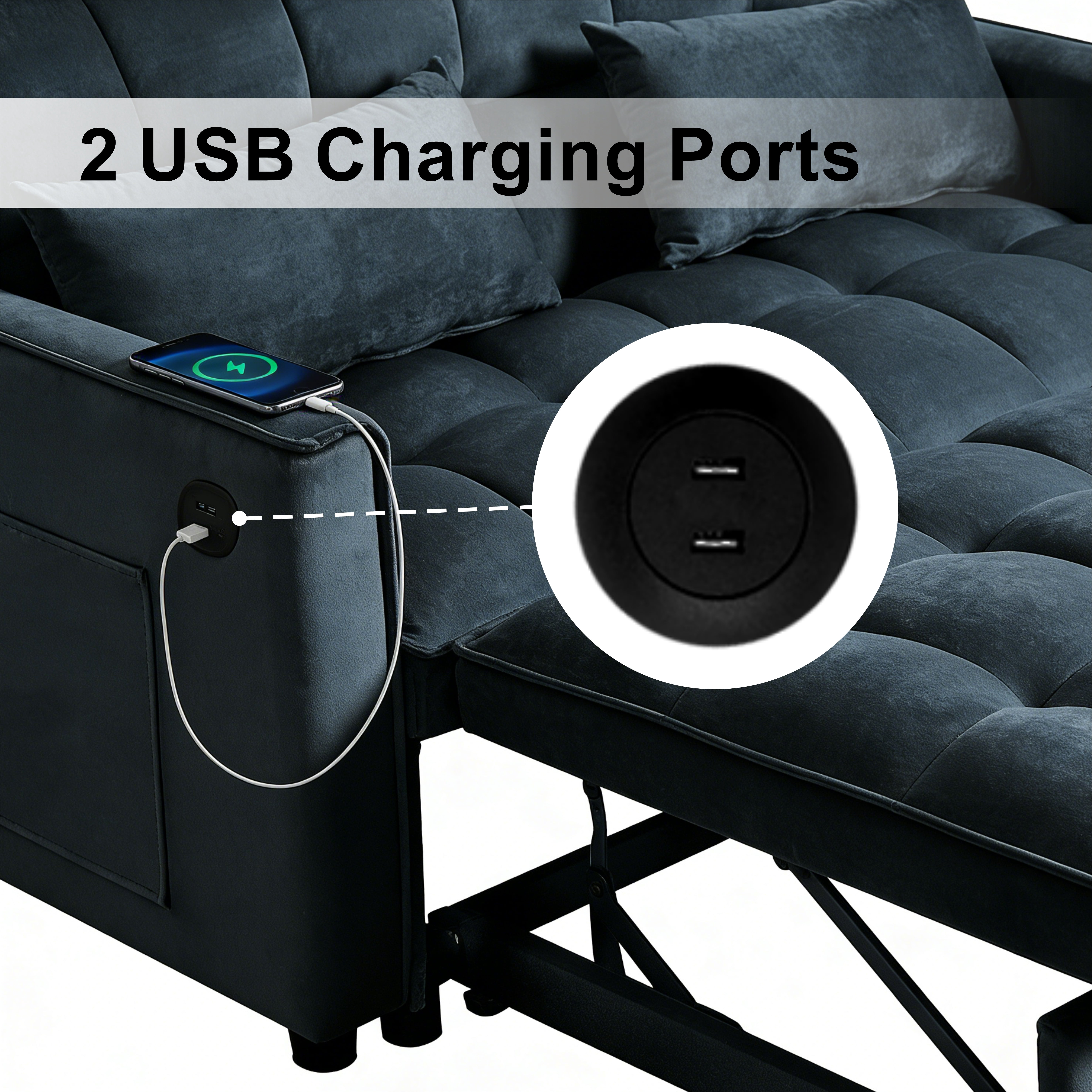 Gewnee 3 in 1 Modern Convertible Sleeper Sofa Bed,Velvet Pull Out Couch with Adjustable Backrest,USB,Side Pockets,Black Loveseat Futon for Living Room,Apartment
