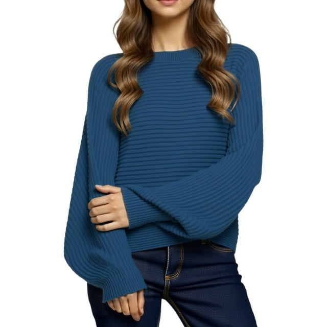 UJNDER Chandail en Tricot Décontracté Surdimensionné Doux à Col Rond Haut à Enfiler Confortable Coupe Ample Manches Longues Hiver Automne Bleu TTTG