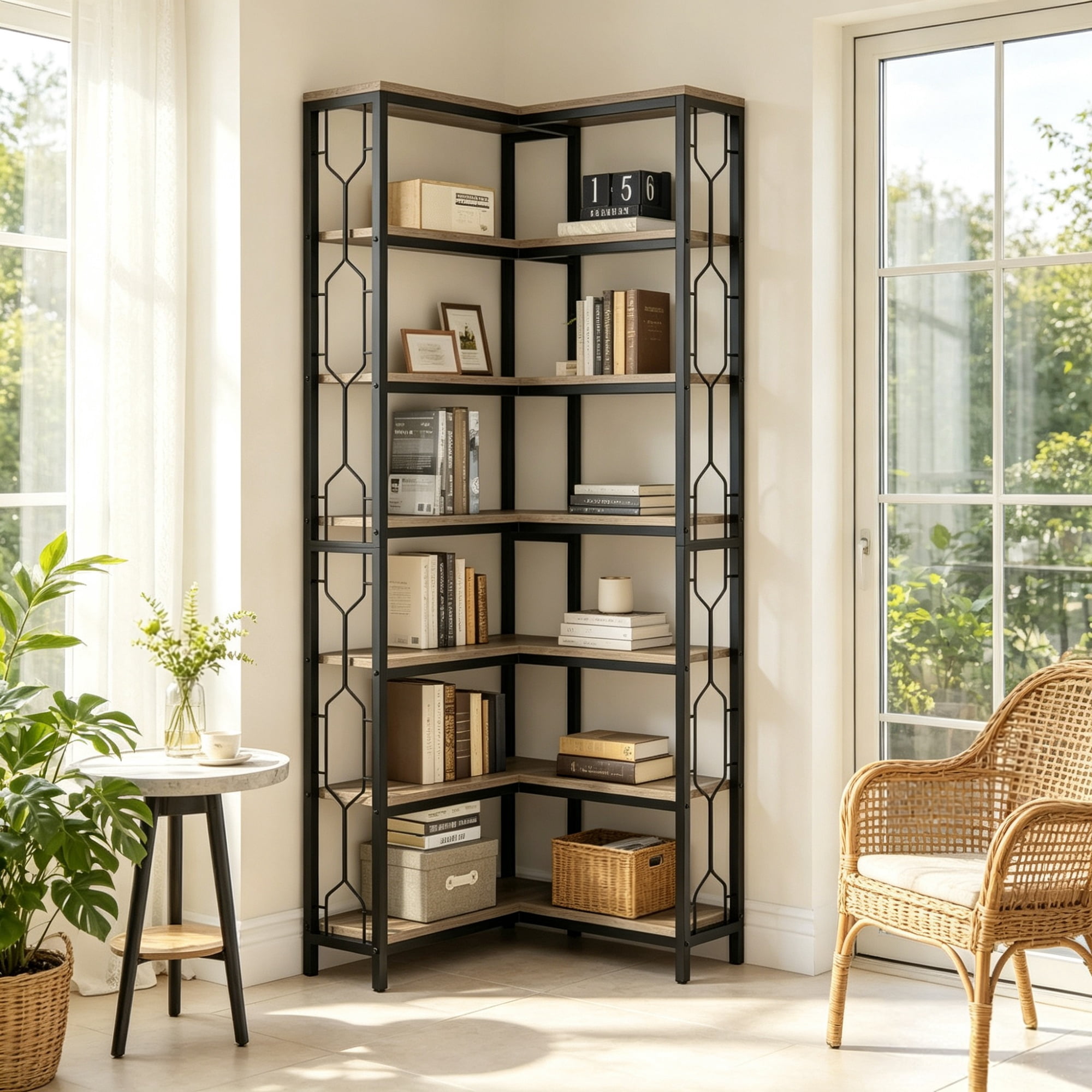 7-Tier Industrial Corner Bookshelf & Etagere Bookcase, 41.34 in x 11.61 in x 10.43 in