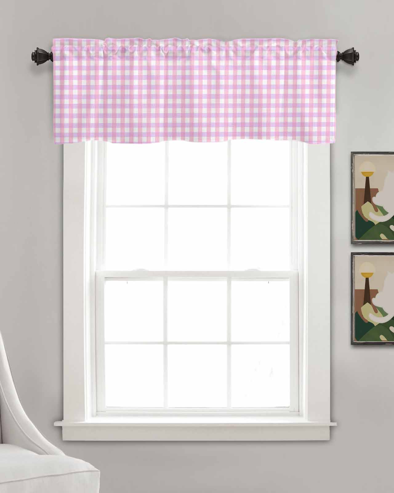 Pink Grid Kitchen Valances for Windows Farmhouse Linen Window Valance Curtain for Living Room Window Treatment Checkered Plaid Gingham Lattice Trellis Print Valance Rod Pocket Topper, 54 x 18 Inch