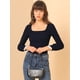 thumbnail image 2 of Blusa de manga larga elástica con panel de encaje y cuello cuadrado Allegra K Azul marino XL, 2 of 6