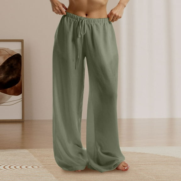 IDALL Linen Pants Women Wide Leg Pants Woman Womens Daily Elastic Waist Pockets Straight Solid Color Casual Pants Loose Long Trousers Lounge Pants Women Summer Pants Army Green L