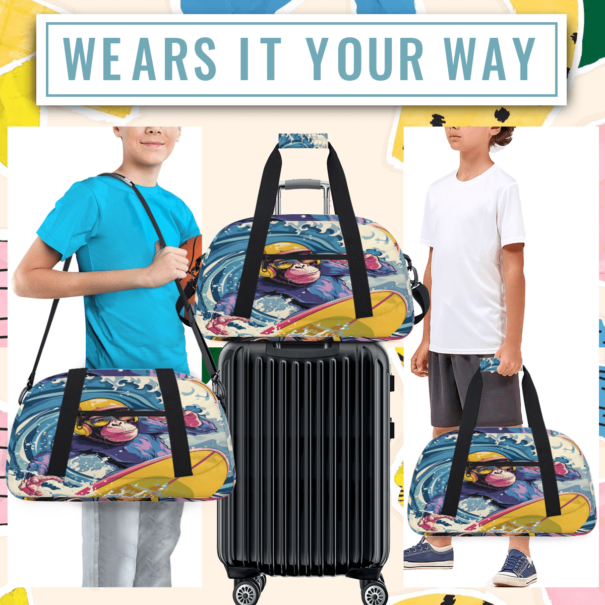 Herdesigns Monkey Sports Duffle Bag for Women & Men, Funny Gym Bag Dance Bag Overnight Bag Carry On Weekender Travel Bag