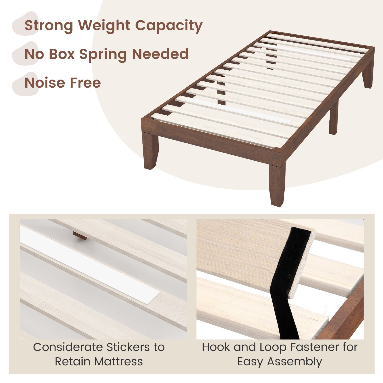 Costway Mid-Century Modern Plywood Twin Brown Cherry