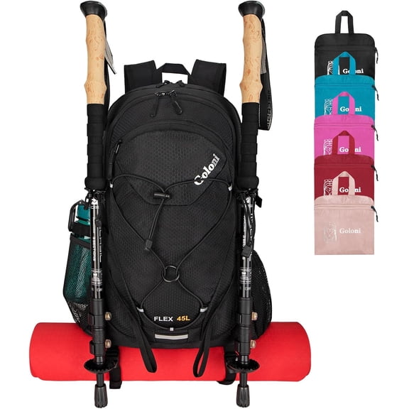 45L Lightweight Foldable Waterproof Hiking Backpack with Rain Cover and Hiking Pole Carrying System Black