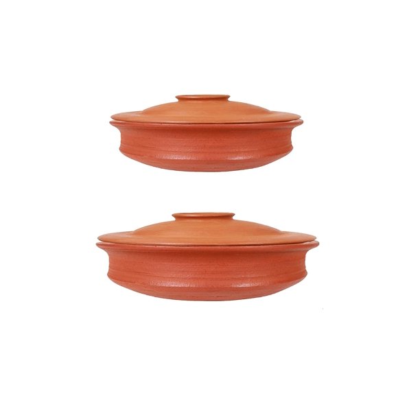 Hand Made Earthen Pottery Red With Lid Combo Of 1 & 2 Liters | Clay Handi Or Kadai Set Of 2 | Pre-seasoned Earthenware