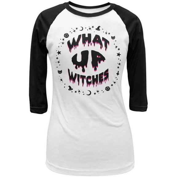 Halloween What Up Witches Black Text Juniors 3/4 Sleeve Raglan T Shirt White-Black MD
